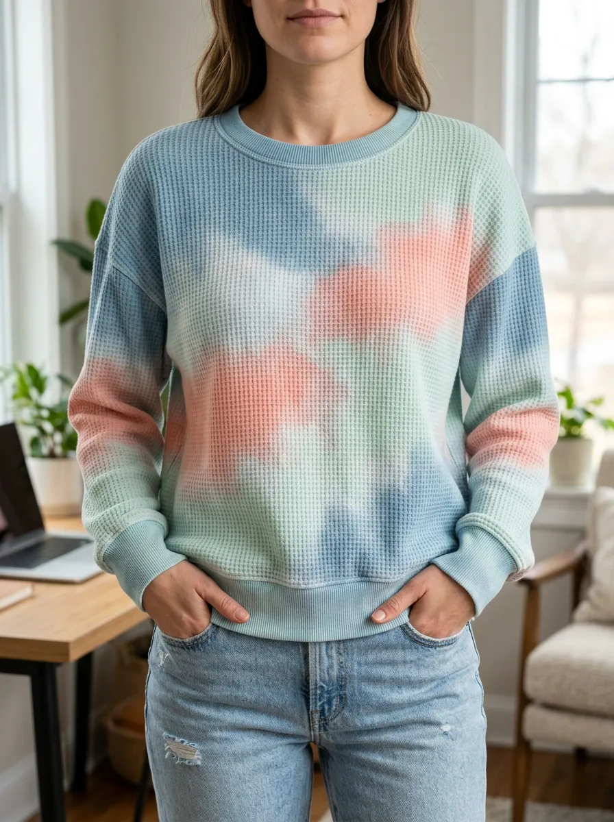 Women's Pastel Tie Dye Waffle Knit Layering Crewneck Sweatshirt