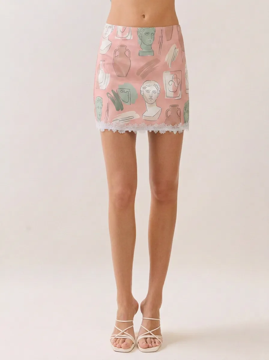 Women's Greek Statue Vase Art Printed Lace Trim Mini Skirt