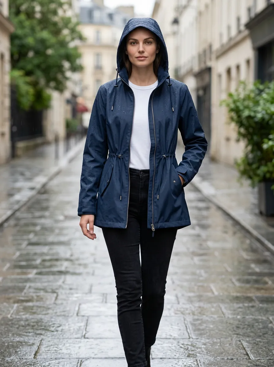 Women's Navy Blue Hooded Waterproof Rain Jacket with a Hood and a Zip Front