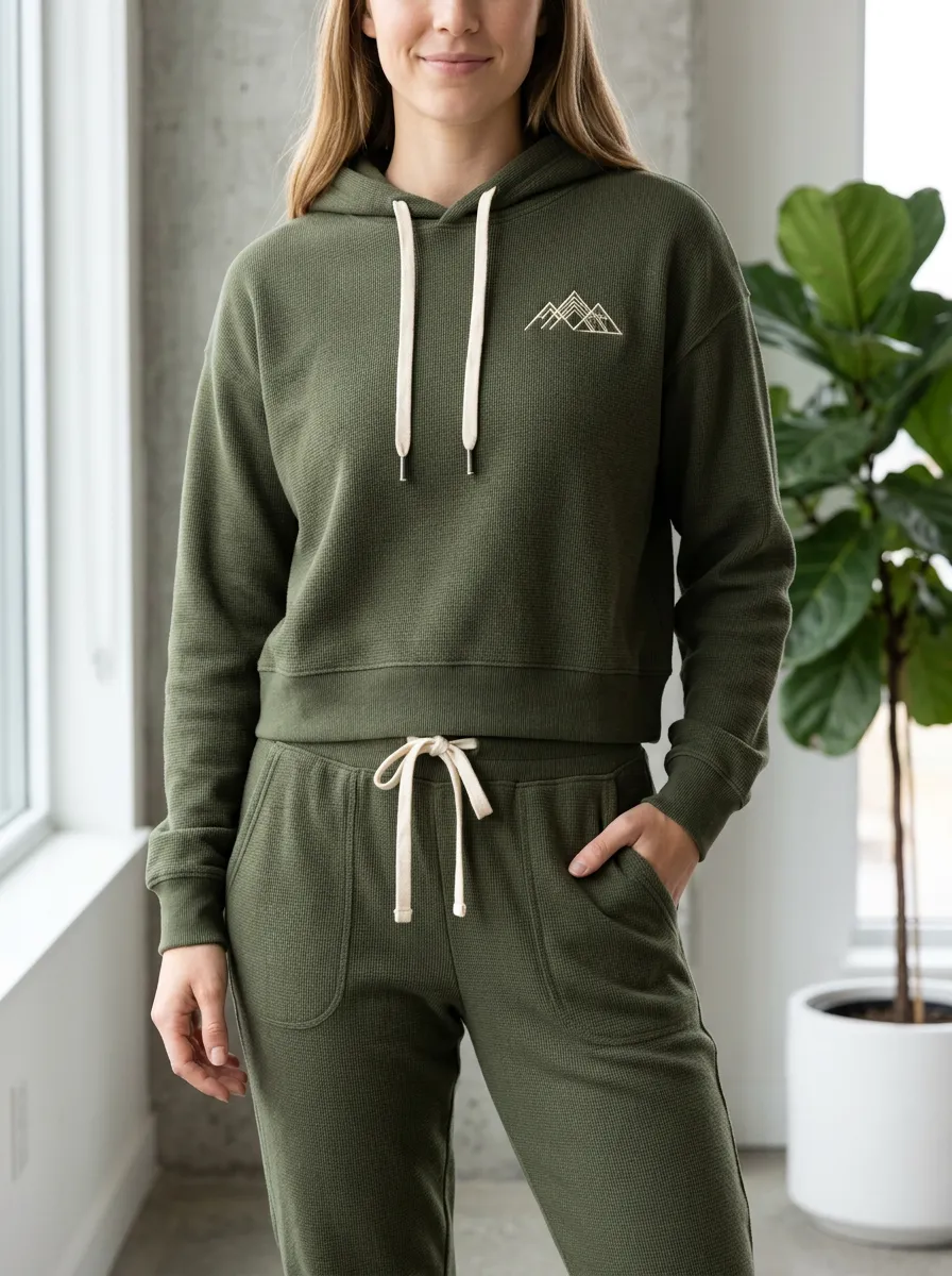 Women's Mountain Hiking Lover Olive Waffle Printed Hoodie Jogger Set