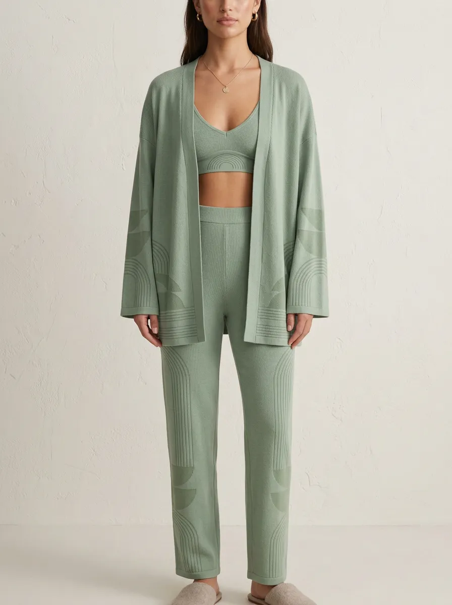 Geometric Ribbed Cardigan Lounge Set