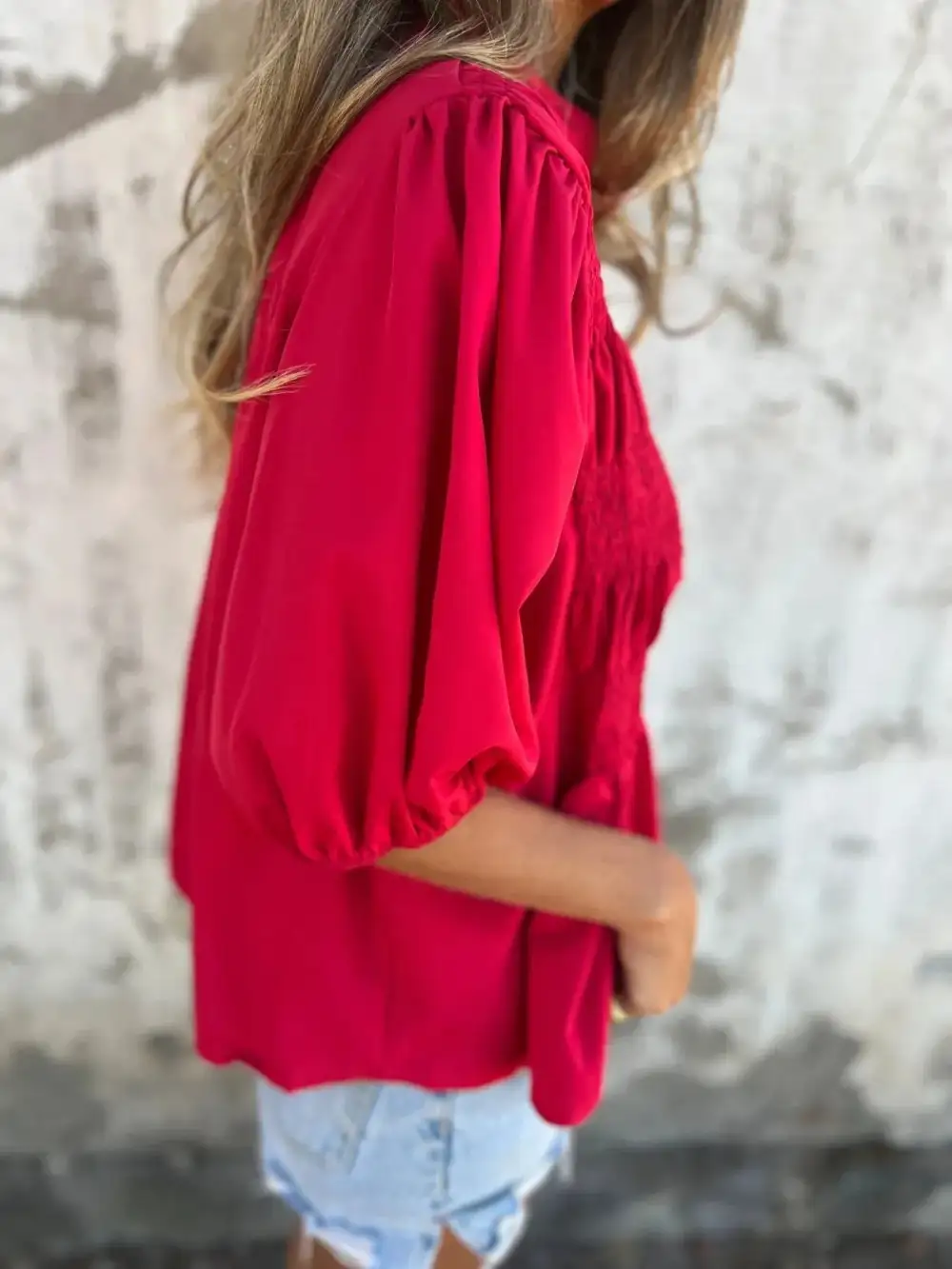 Smocked Puff-Sleeve Buttoned Blouse