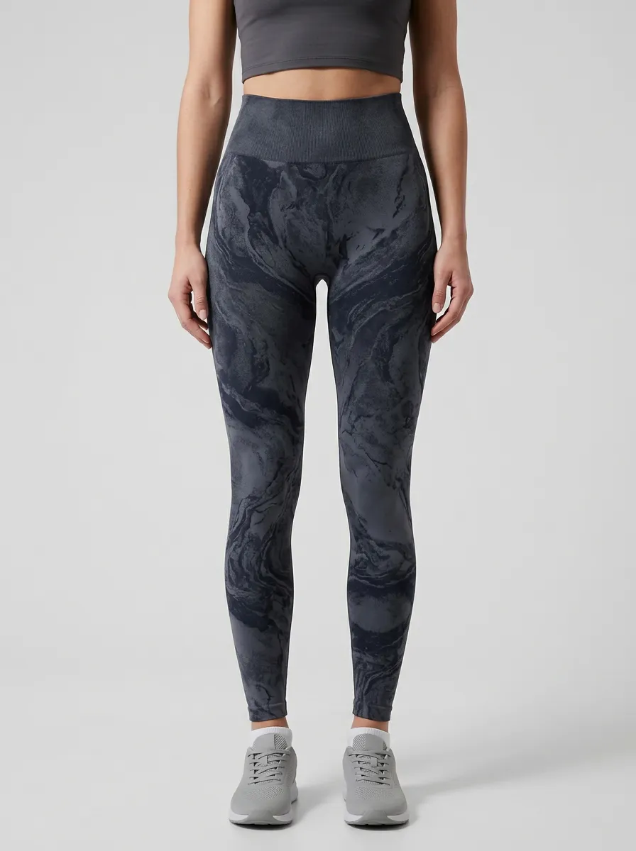 Women's Abstract-Marble Ribbed Ankle-Length High-Rise Leggings