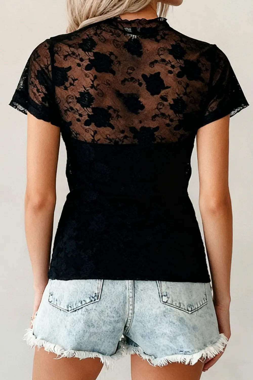 Black Floral Lace Mesh Short Sleeve Top