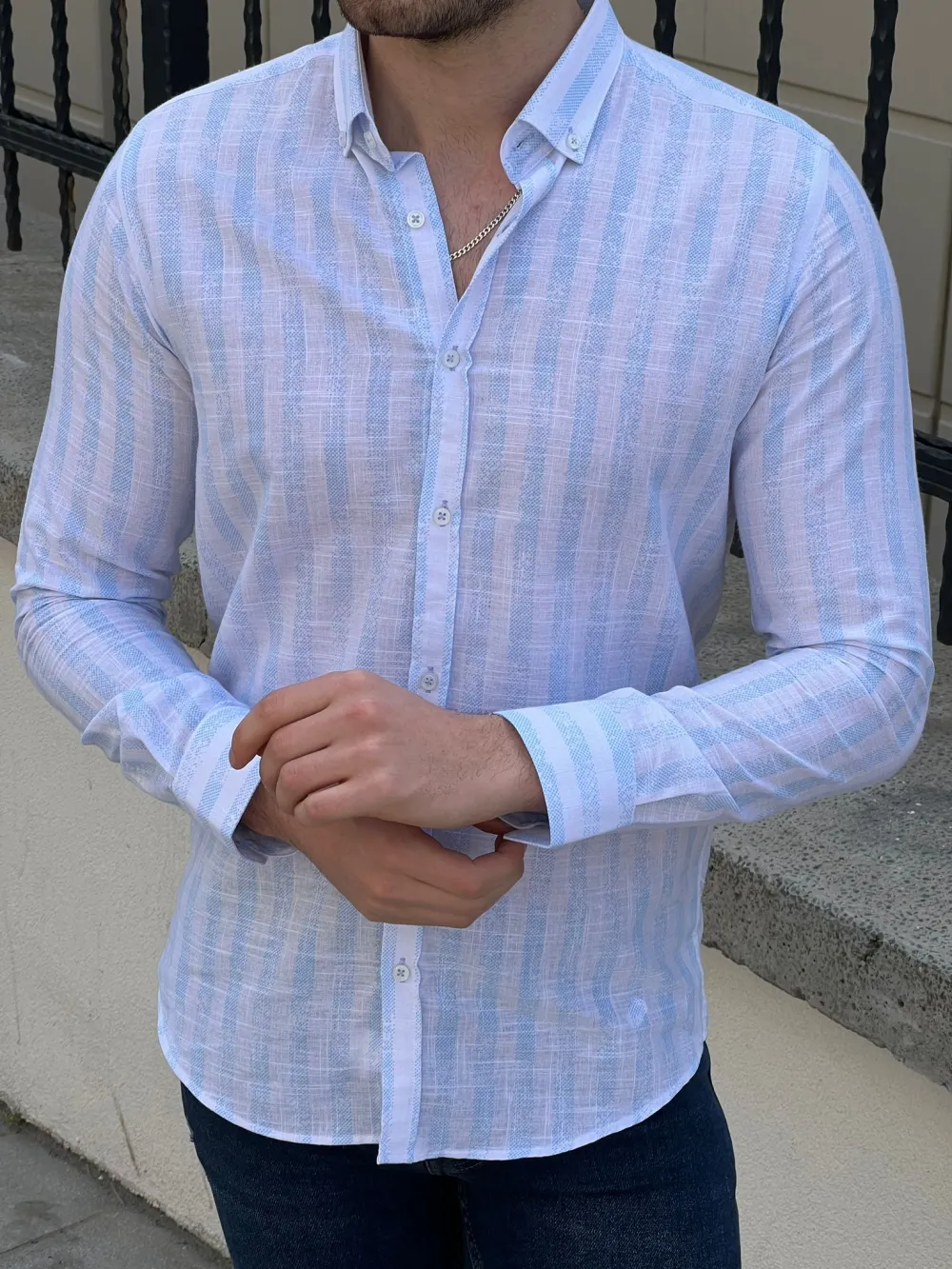 Contemporary Button Collar Slim Fit Striped Cotton Casual Shirt