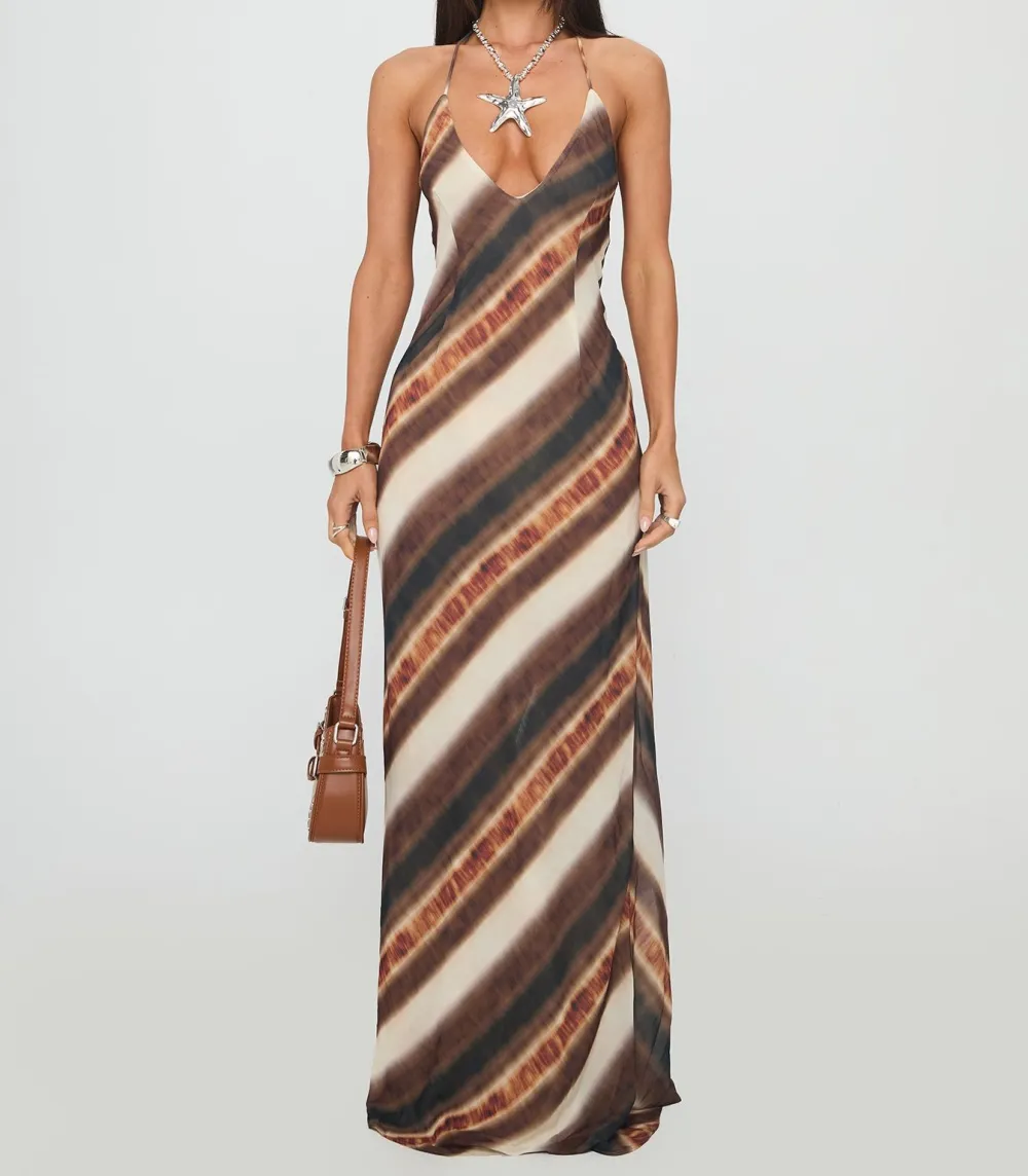 Brown Striped Halter Maxi Dress