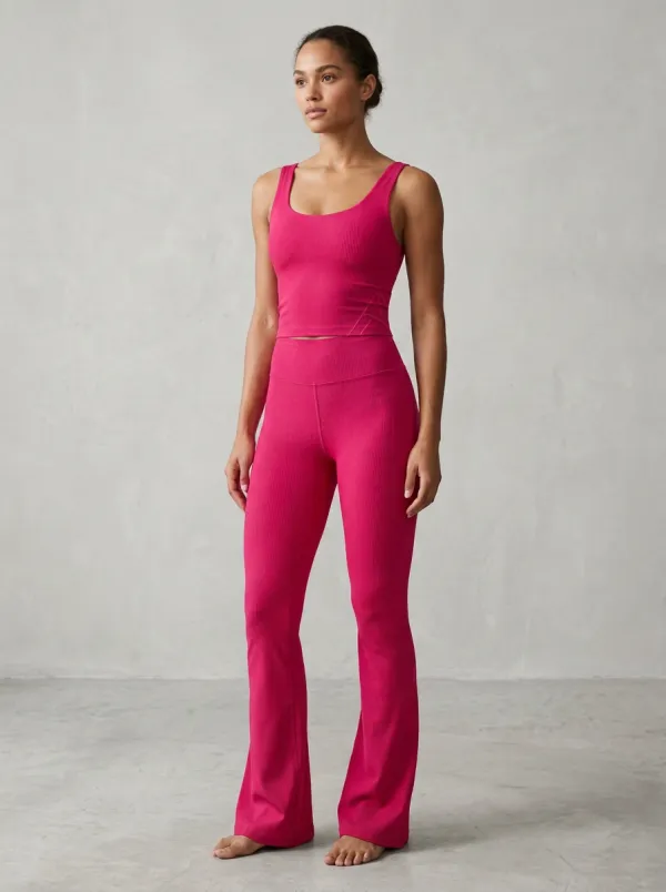 Women's Purple Ribbed Yoga Workout Tank Flare Leggings Set