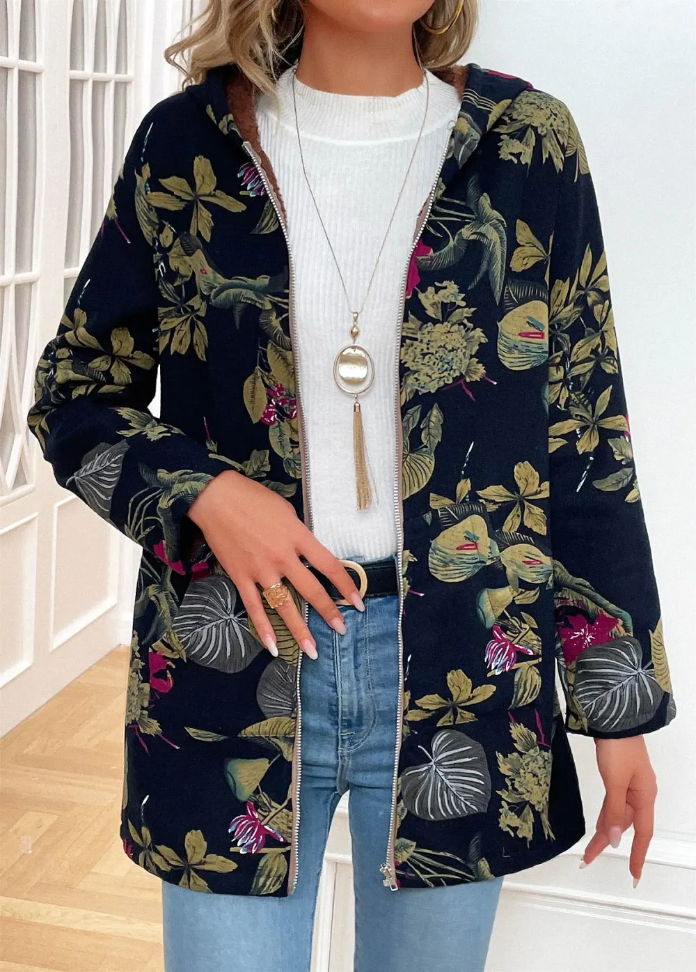 Navy Pocket Floral Print Long Sleeve Hooded Coat