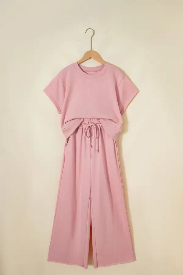 Women's Solid Color Loose Tee Drawstring Wide Leg Pants Two Piece Outfit
