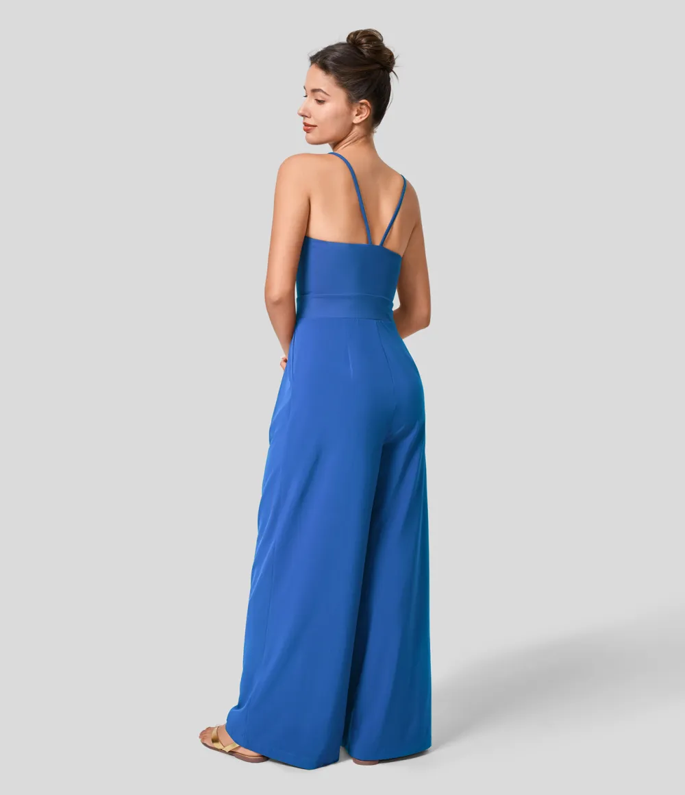 Breezeful Backless Side Invisible Zipper Pocket Wide Leg Quick Dry Resort Slip Jumpsuit