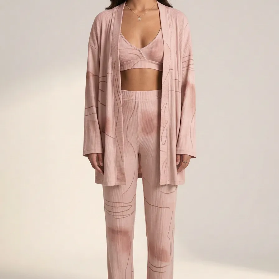 Abstract Line Ribbed Cardigan Lounge Set