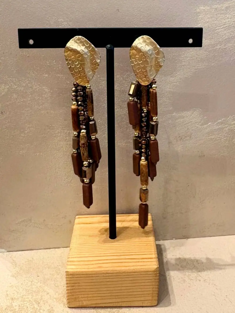 Beaded Rhinestone Wood Earrings