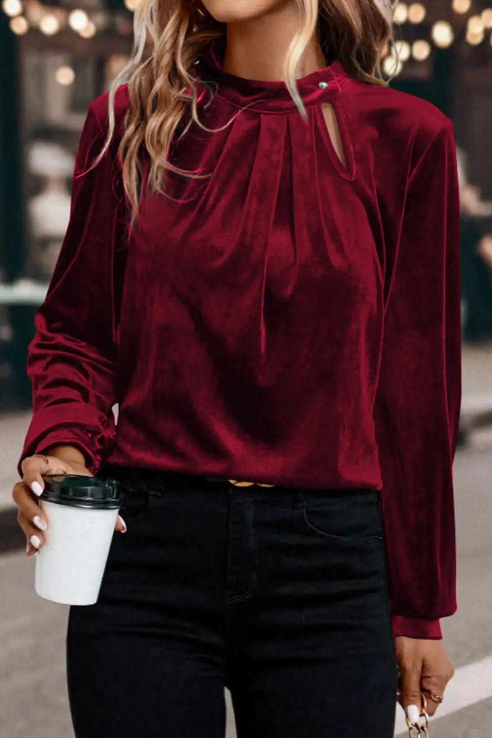 Women's Velvet Keyhole Long Sleeve Top