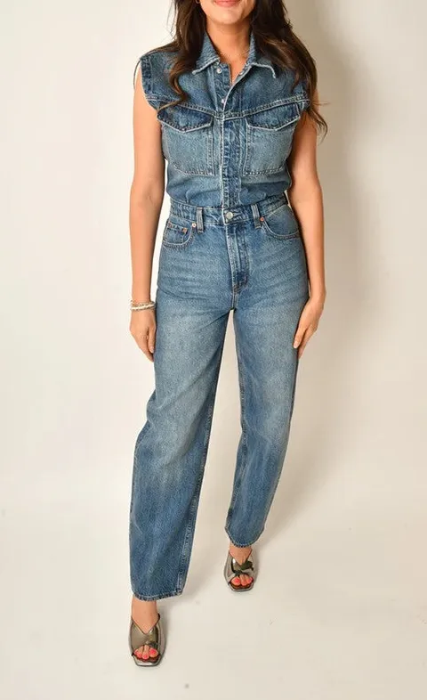 Denim Sleeveless Barrel Leg Jumpsuit
