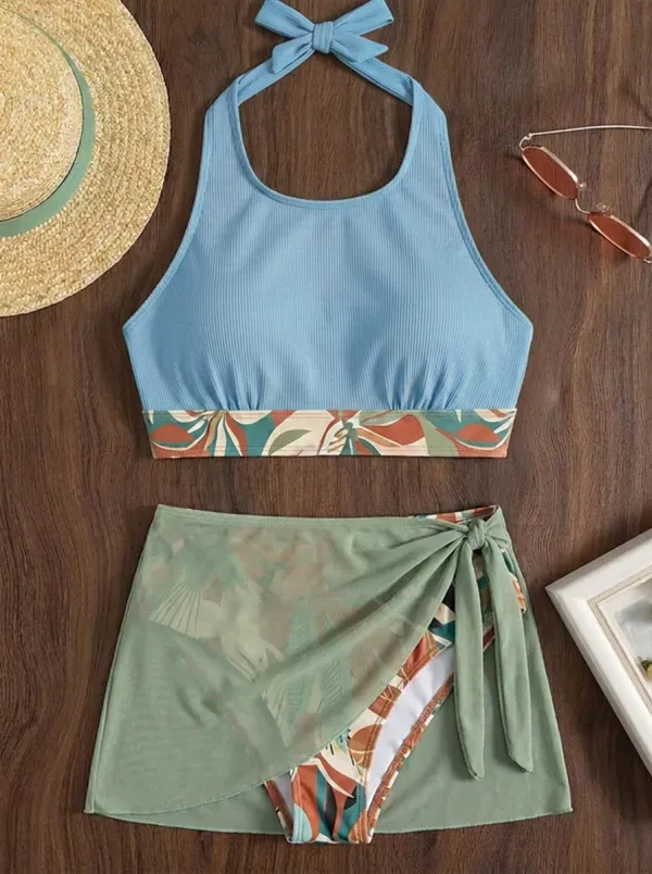 Women's Tropical Leaf Halter Printed Bikini Skirt Set
