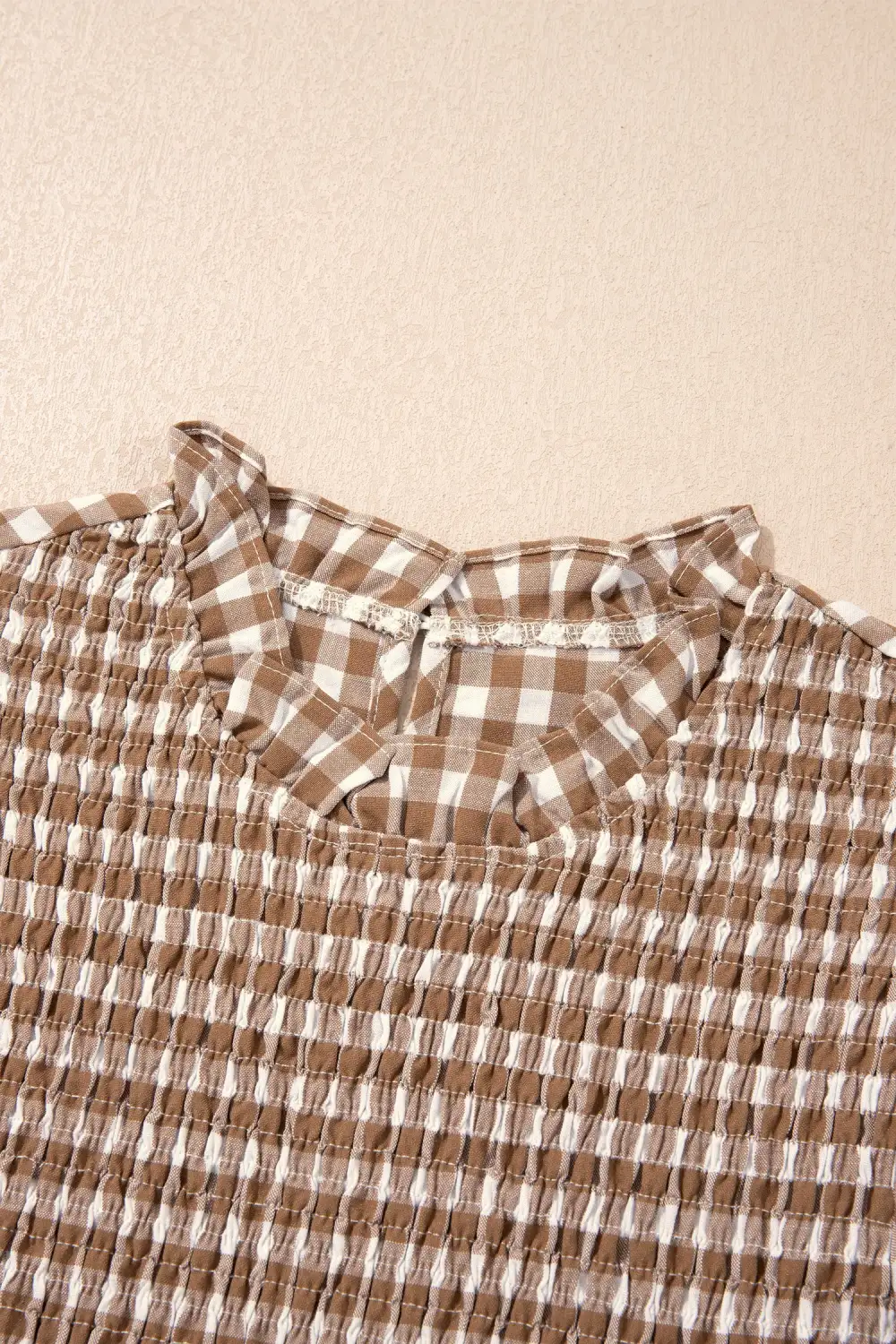 Women's Plaid Three Quarter Sleeve Shirred Top