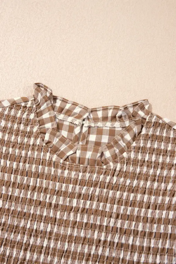 Women's Plaid Three Quarter Sleeve Shirred Top
