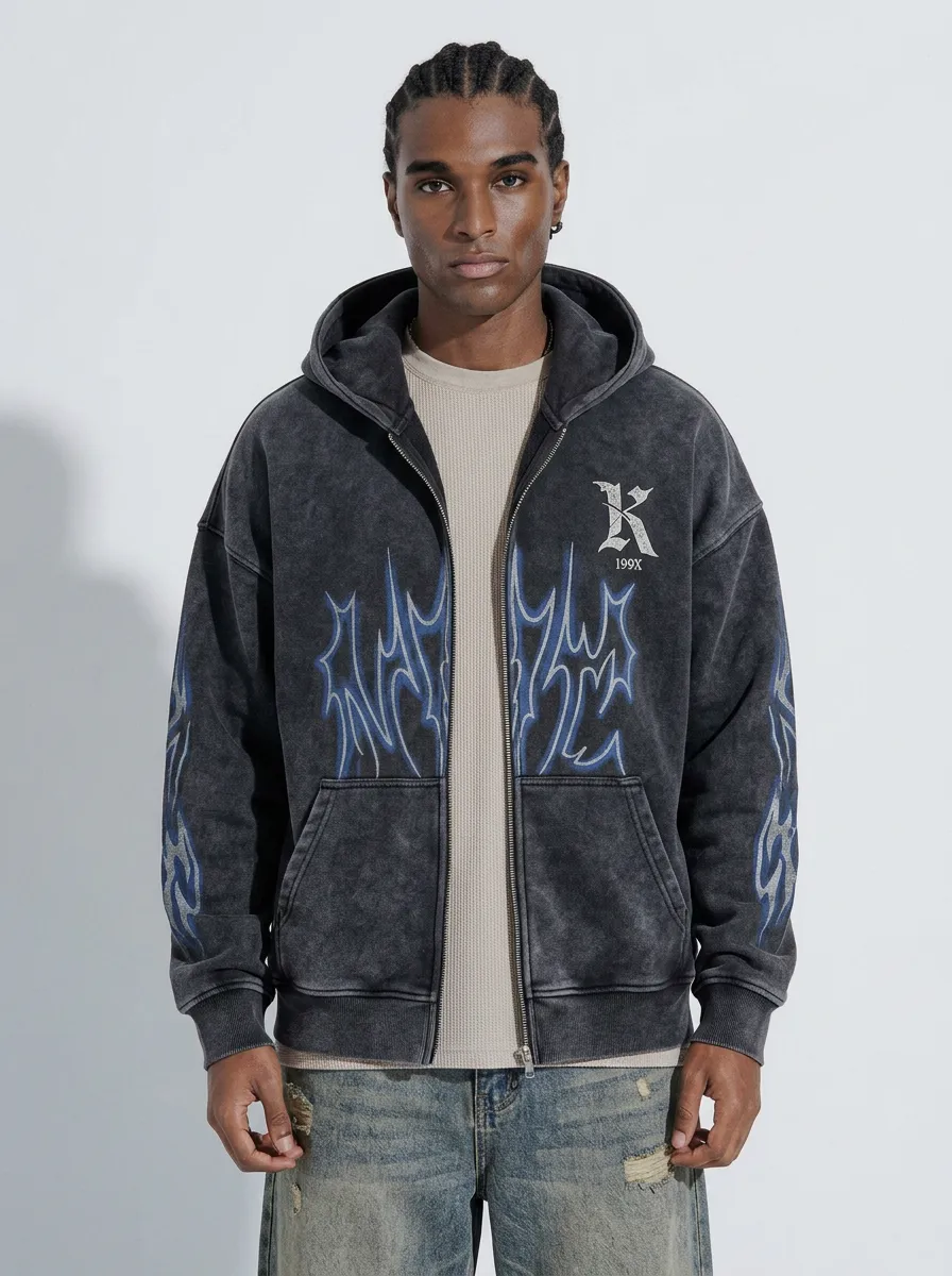 Unisex Streetwear Gothic Flame Graphic Printed Zip-up Hoodie