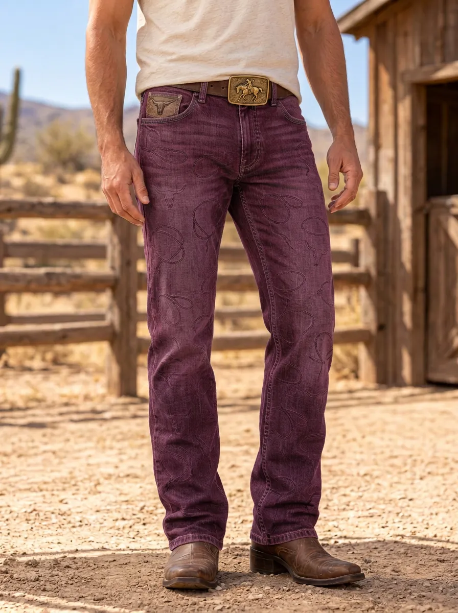 Everyday Embroidered Cowboy Silhouette Men's Western Jeans