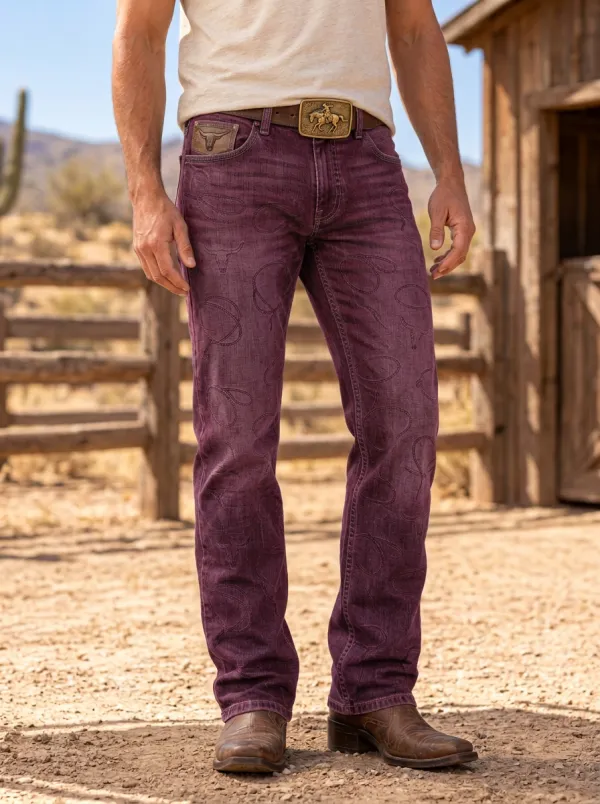 Everyday Embroidered Cowboy Silhouette Men's Western Jeans