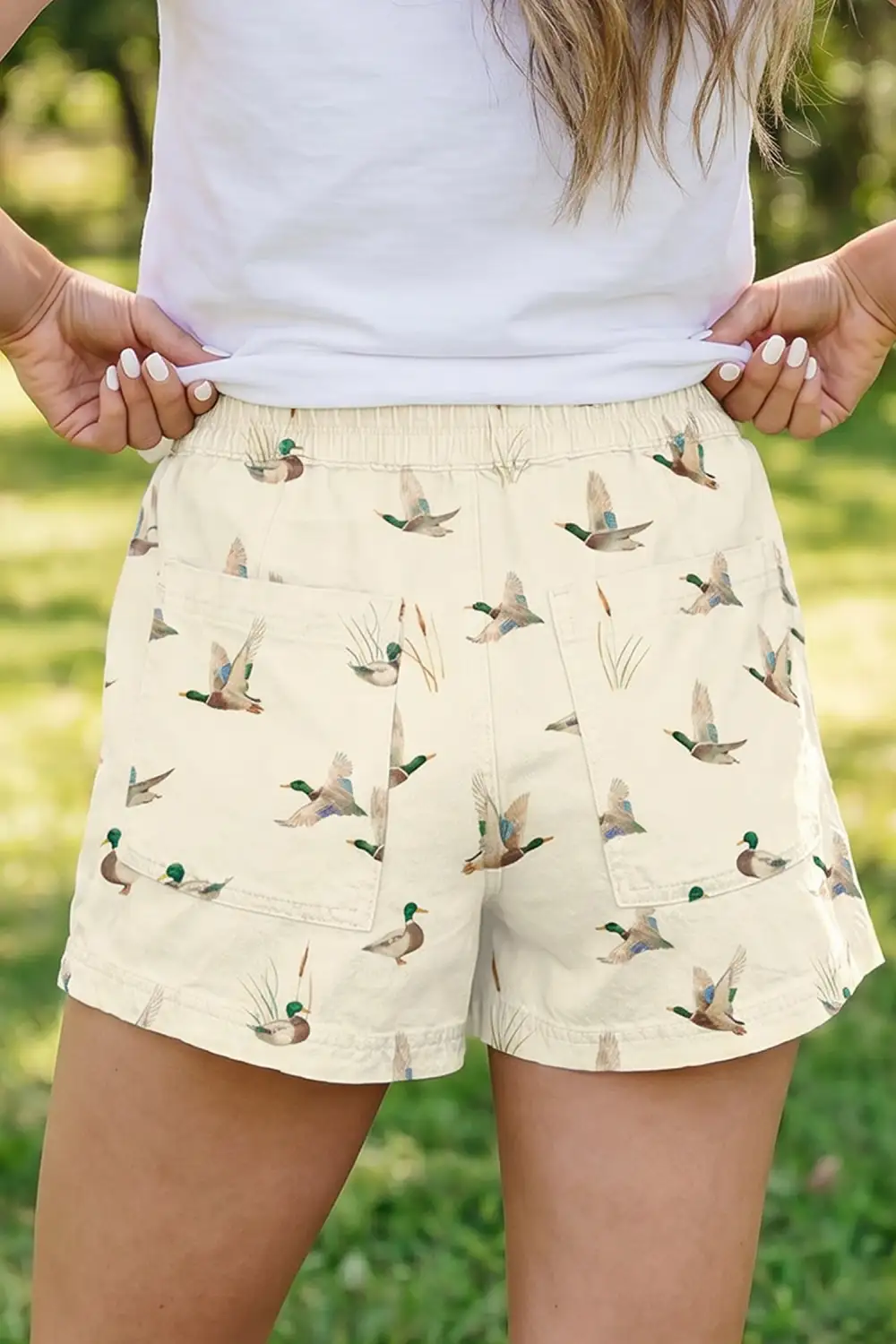 Wild Duck Mallard Printed Drawstring Denim Shorts