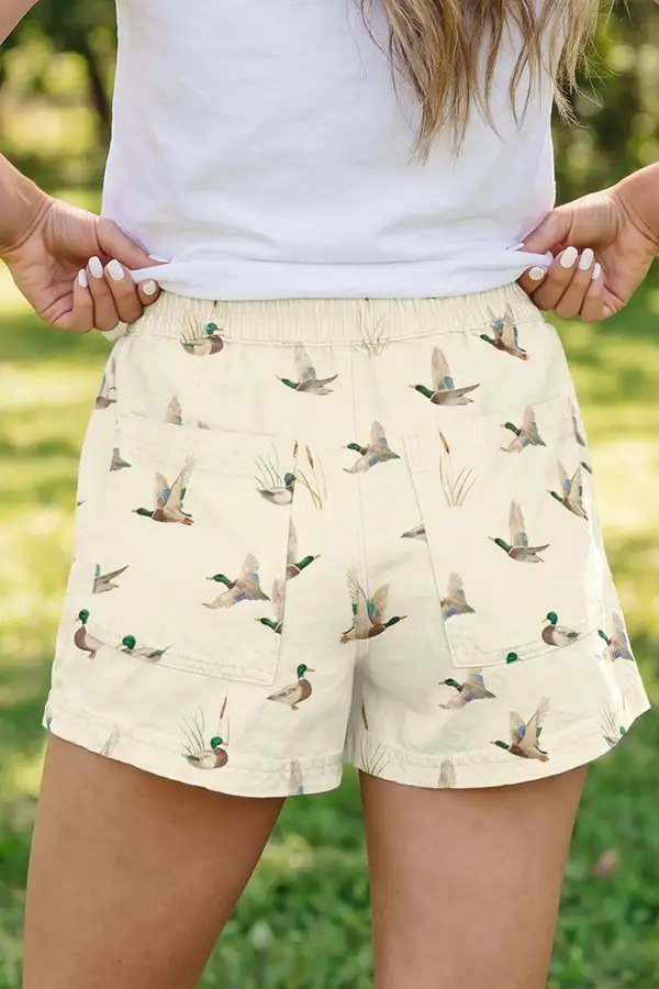Wild Duck Mallard Printed Drawstring Denim Shorts