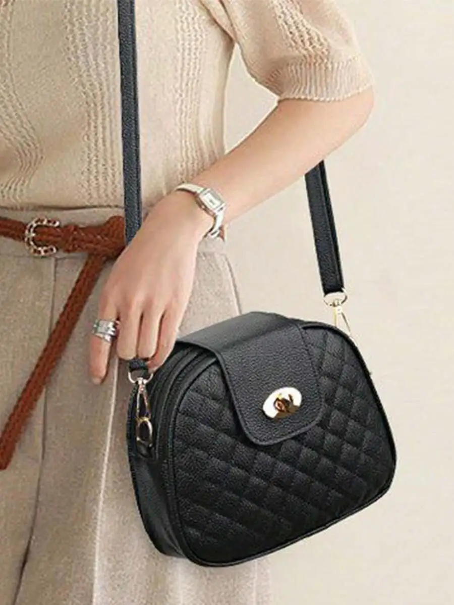 Mini Circle PU Handbag – Beaded Pearl & Geometric Plaid Design
