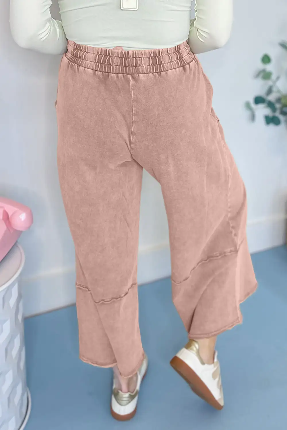Flower Patch Washed Terry Knit Cropped Wide Leg Trousers