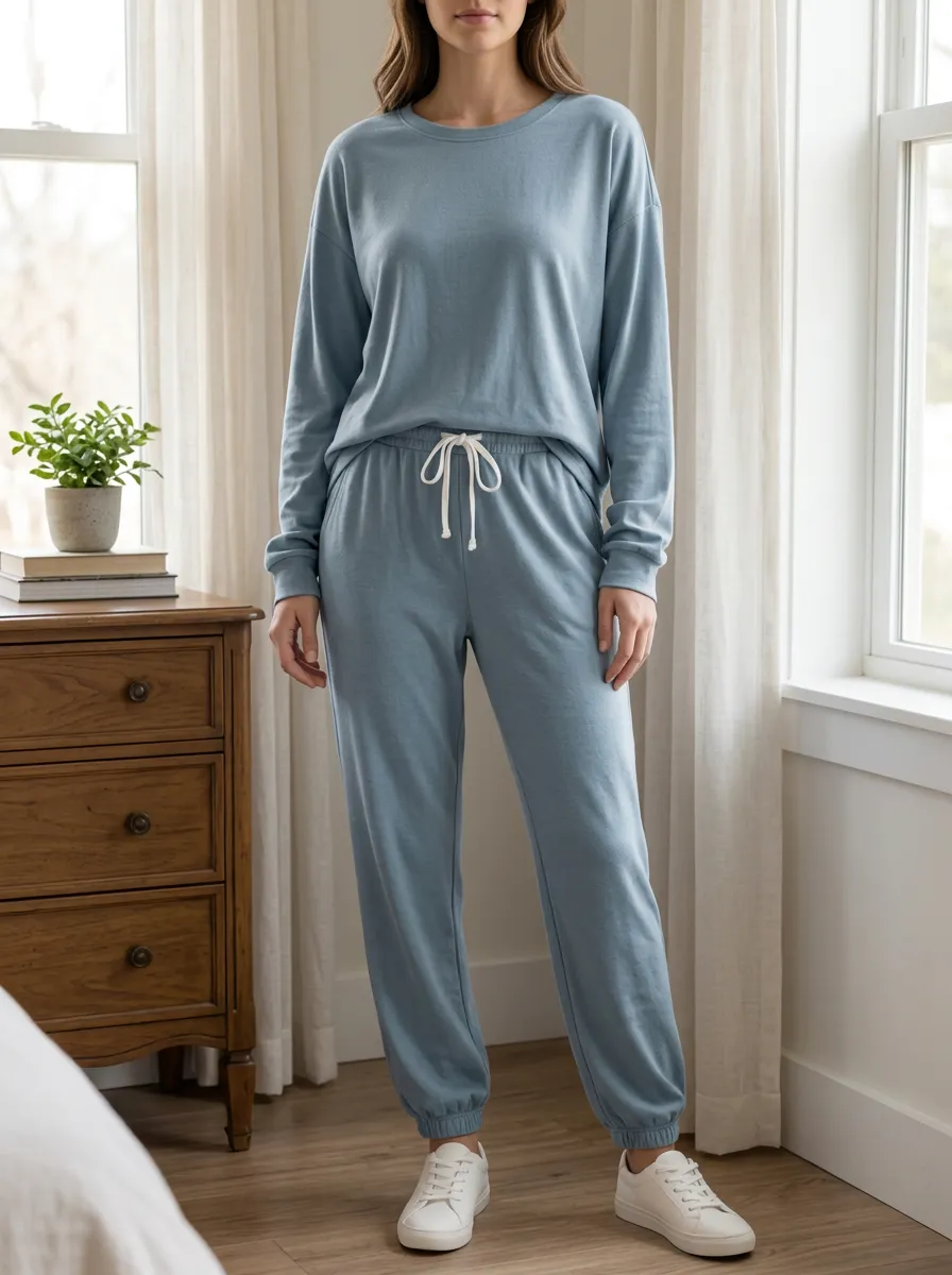 Women's Solid Blue Long Sleeve Drawstring Lounge Set