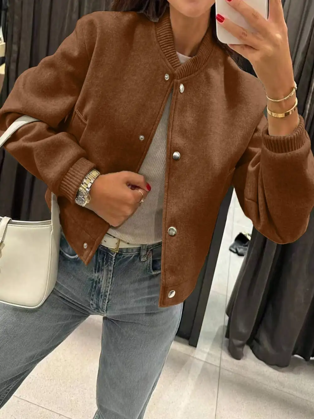 Cropped Teddy Ribbed Trim Bomber Jacket