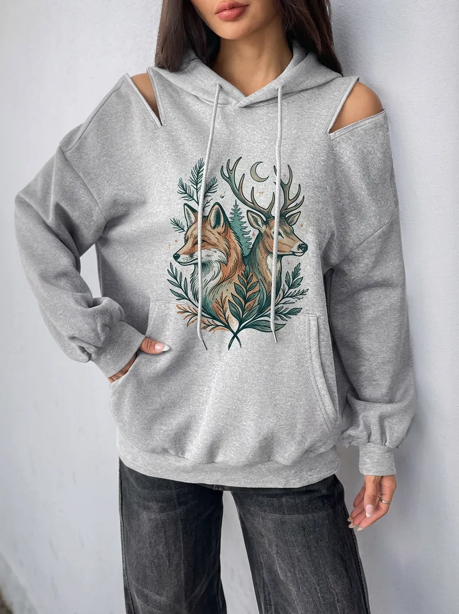 Women's Nature Fox Deer Forest Graphic Cold-Shoulder Hoodie