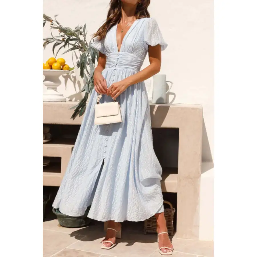 V-Neck Puff Short Sleeve Midi Dress