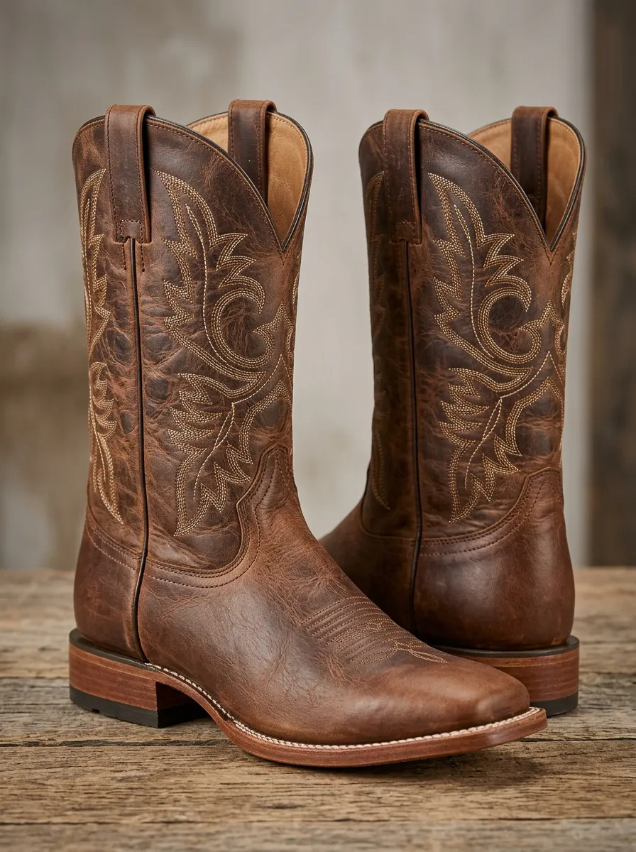 Classic Western Embroidered Distressed Leather-Look Style Men's Western Cowboy Boots