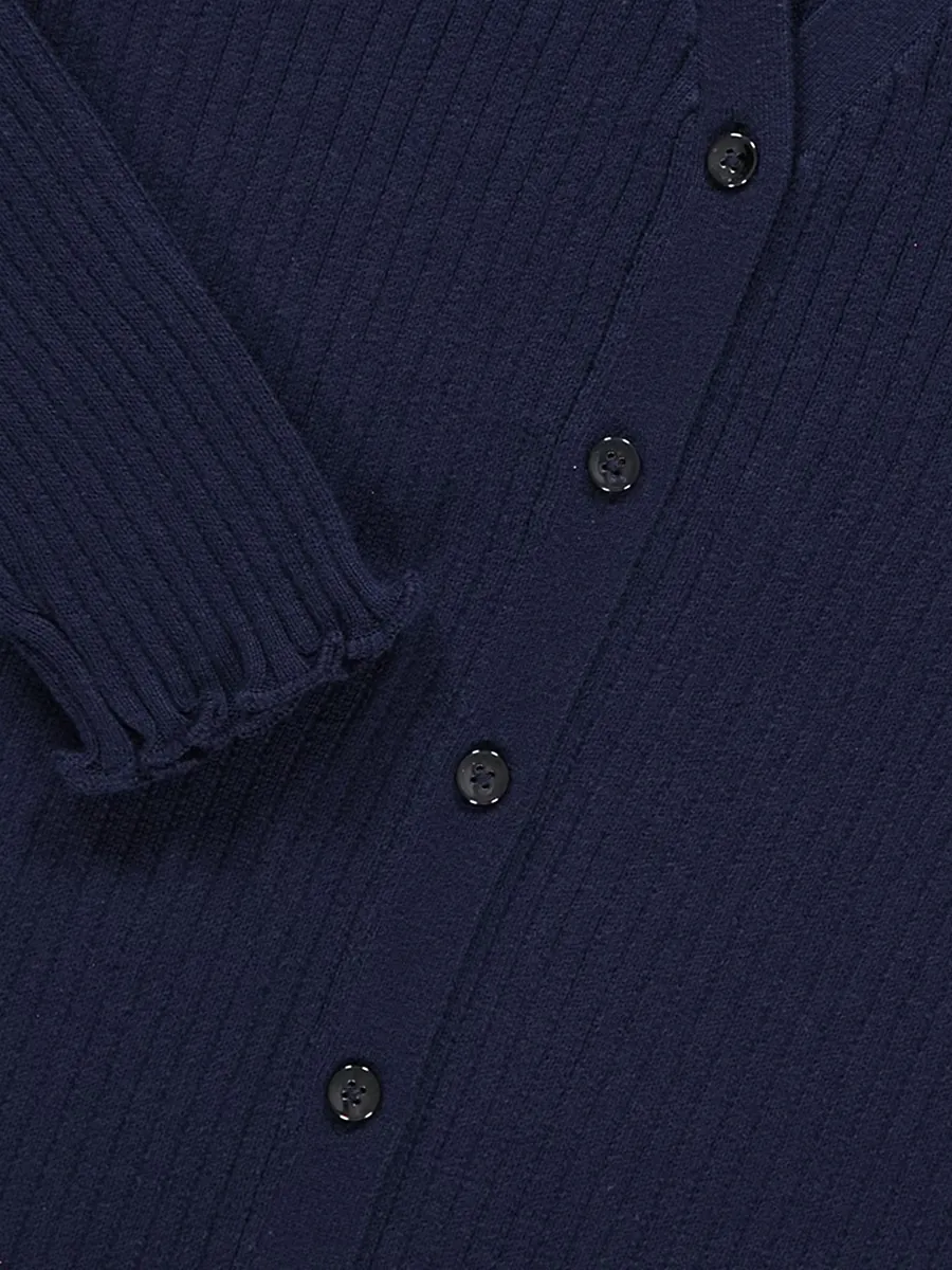 Navy V Neck Lettuce Edge Ribbed Cardigan