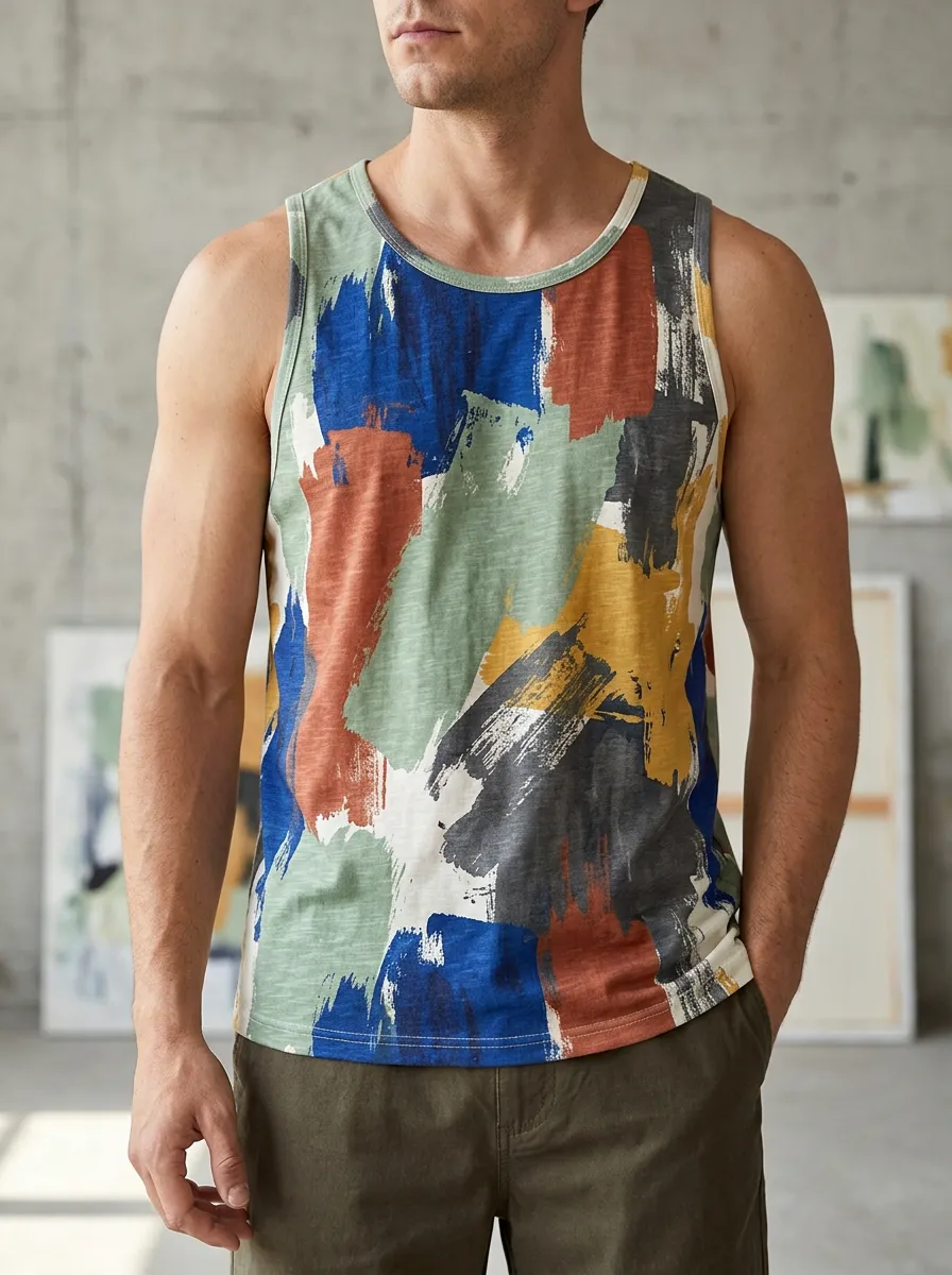 Men's Abstract Art Brushstroke Regular Fit Tank Top