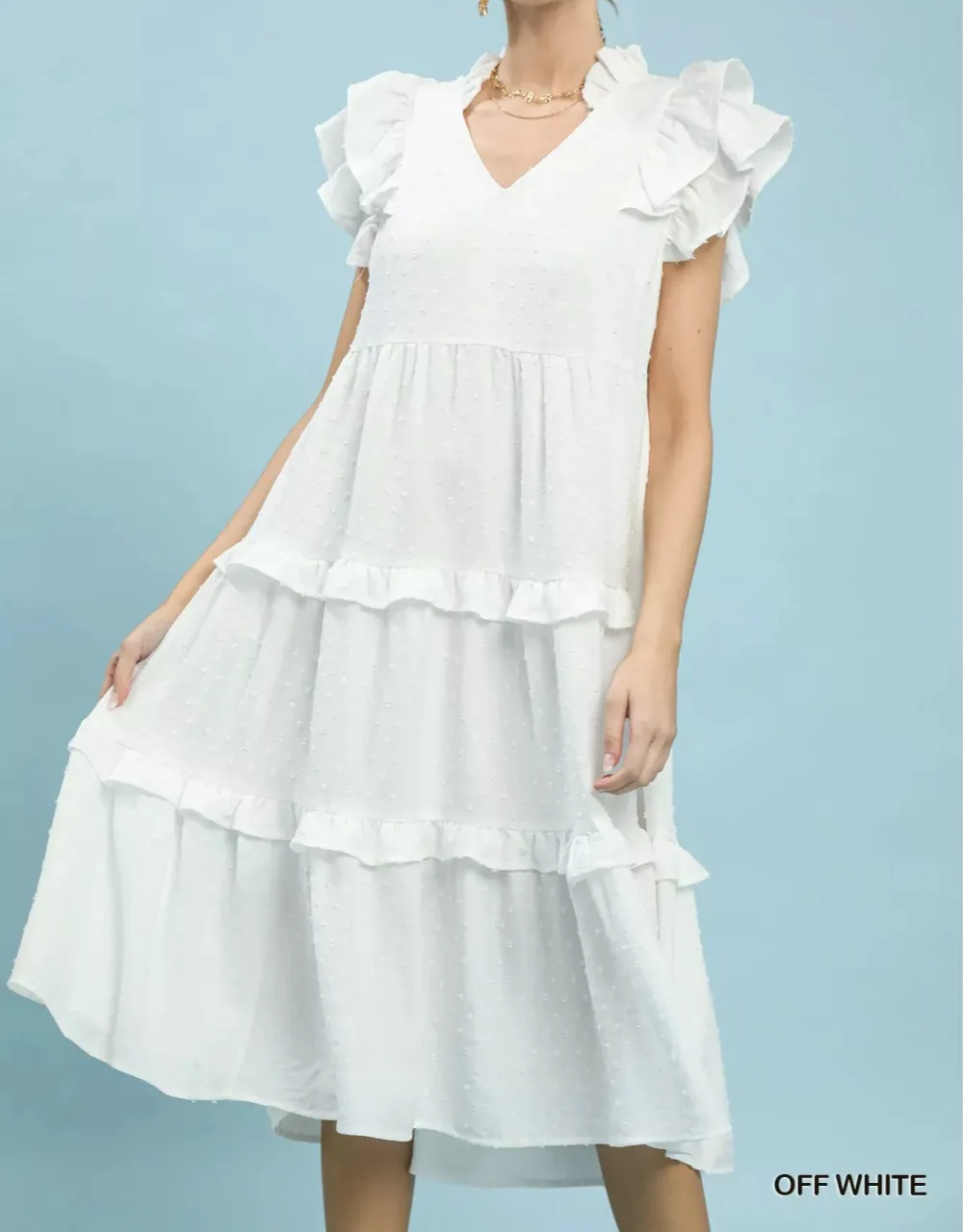 Textured Textured Ruffle Sleeve Tiered Midi Dress