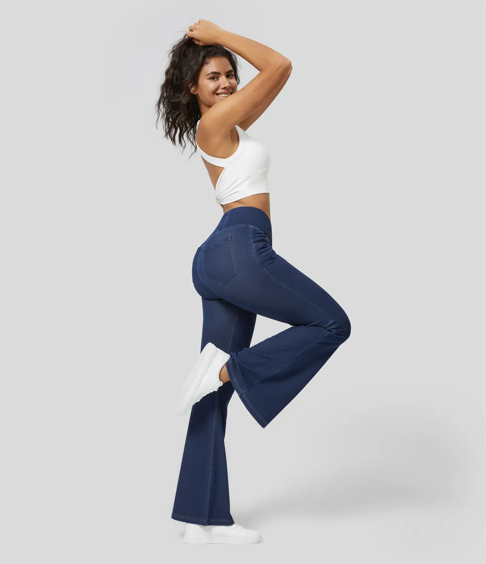 Magic High Waisted Crossover Pocket Cool Touch Washed Stretchy Knit Casual Super Flare Jeans