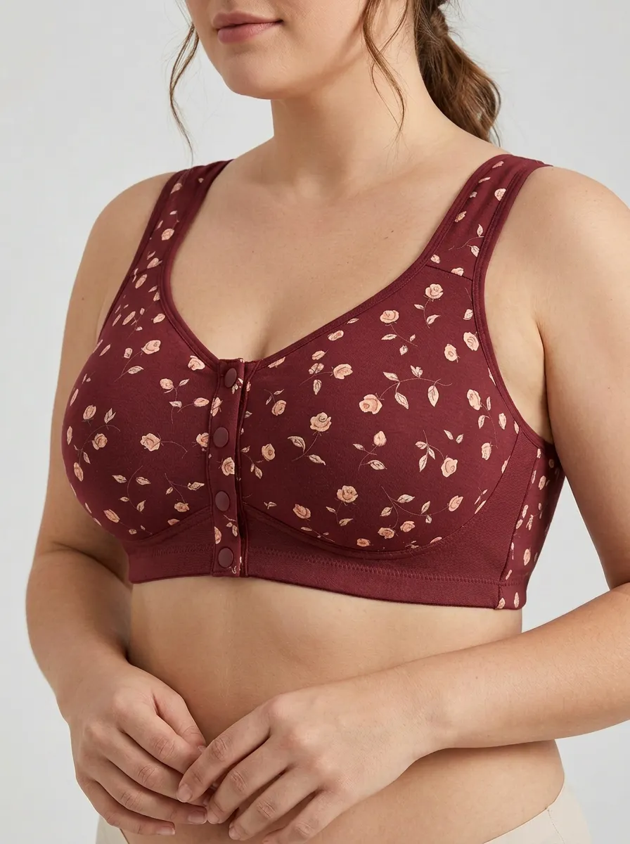 Women's Plus Size Grey Rose Floral Front-Closure Full-Coverage Wireless Bralette