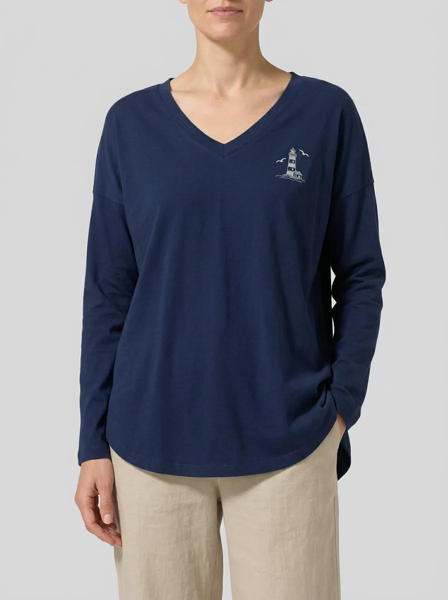 Women's Lighthouse Embroidered V-Neck Long-Sleeve T-Shirt