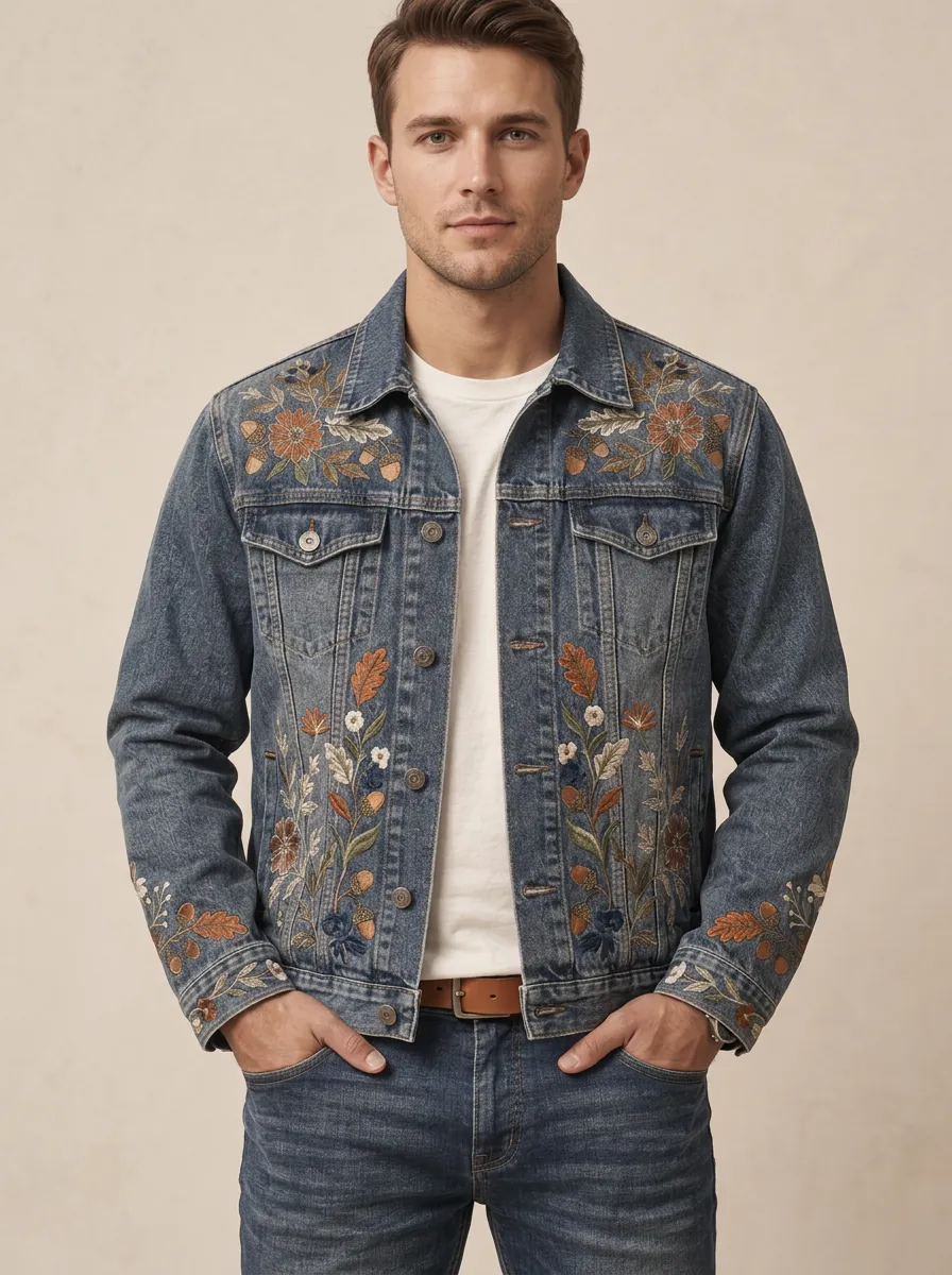 Men's Acorn Floral Nature Inspired Embroidered Denim Jacket