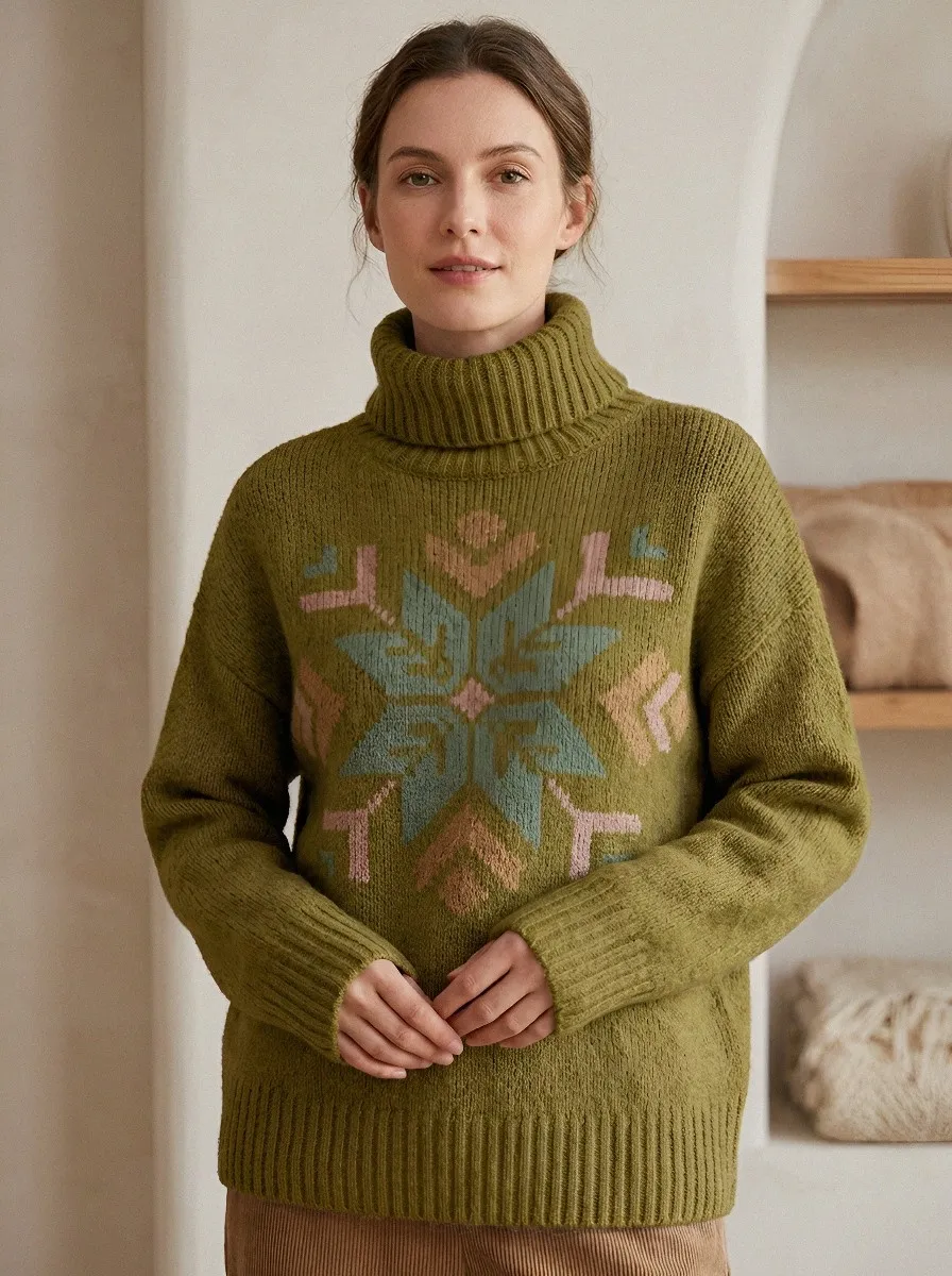 Women's Winter Nordic Snowflake Printed Turtleneck Sweater