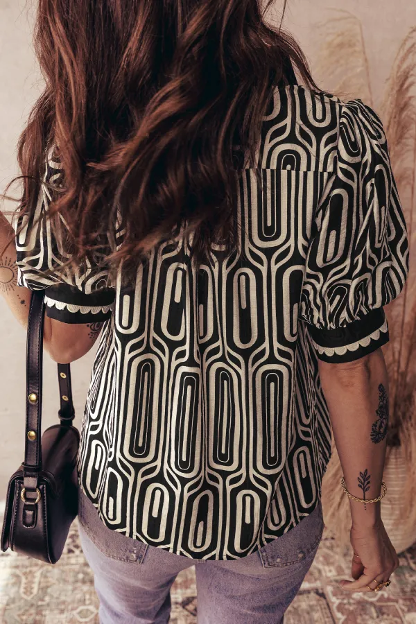Black Geometric Print Contrast Scallop Blouse