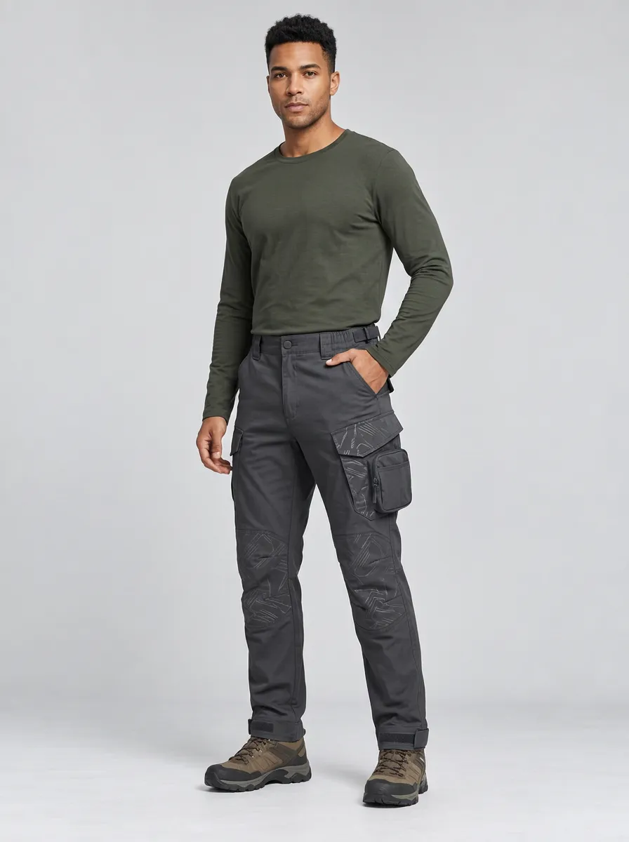 Men's Charcoal Grey Geometric Multi-Pocket Reinforced Knee Tactical Cargo Pants