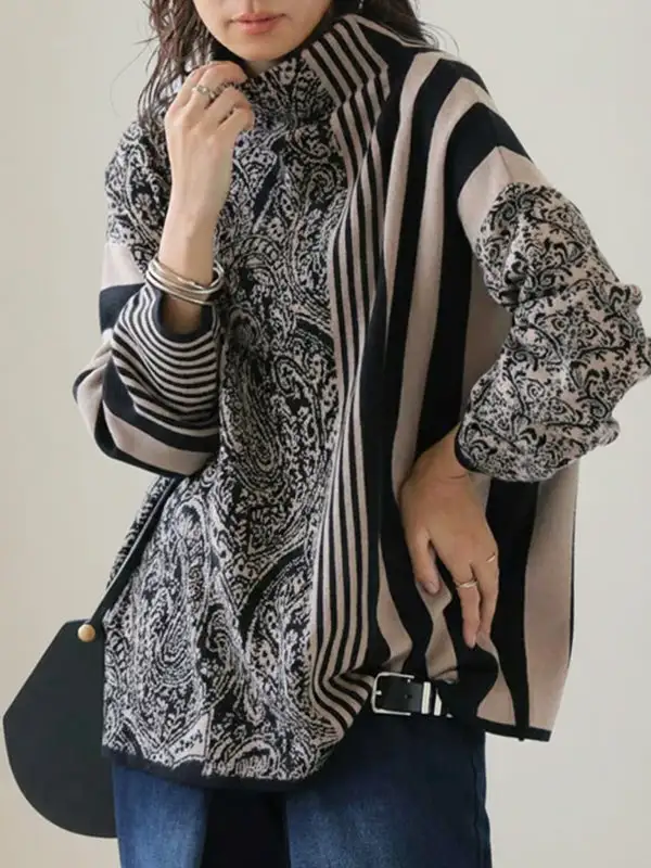 Striped Long Sleeve Relaxed Fit Pullover Sweater