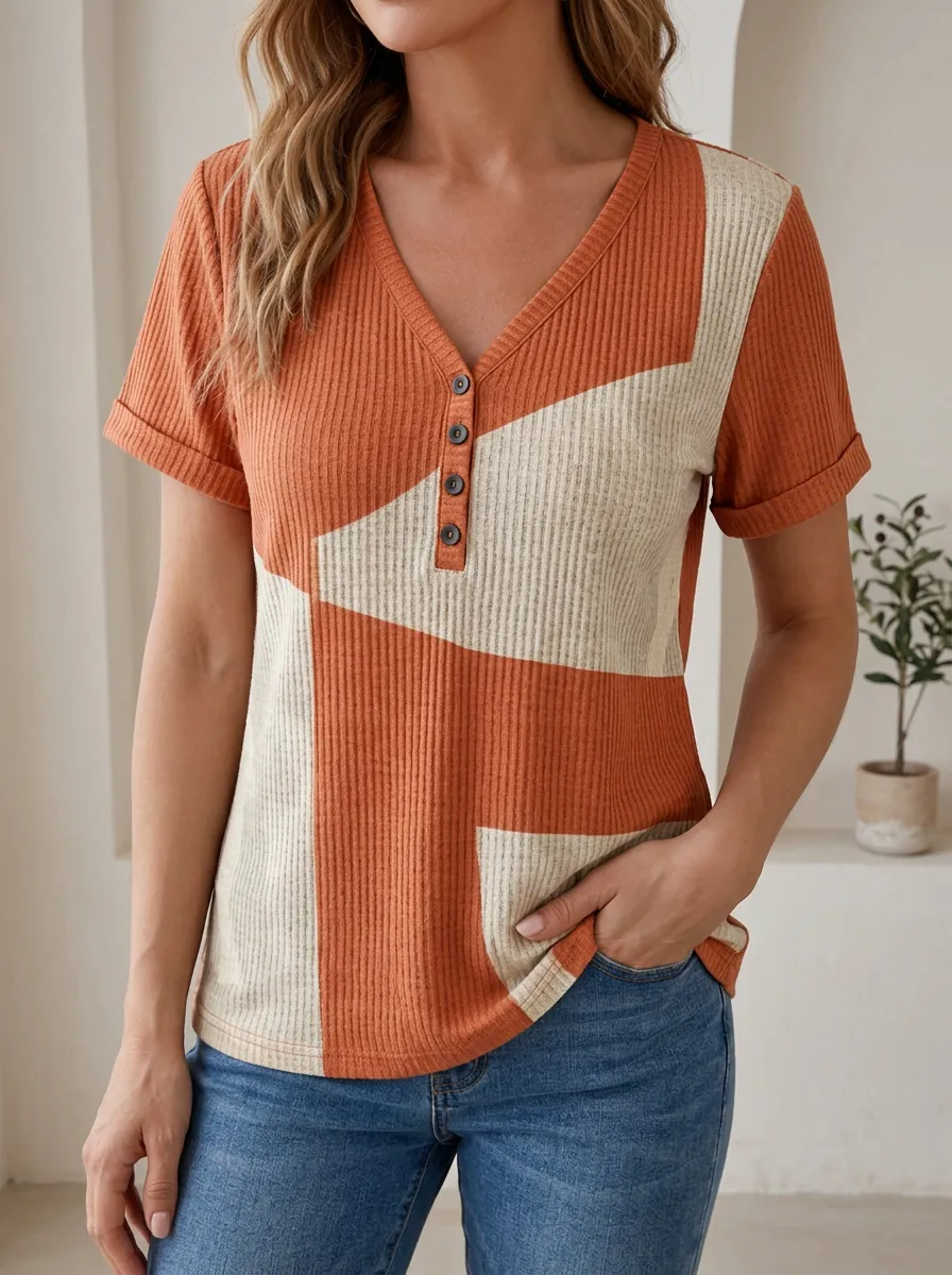 Women's Casual Geometric Colorblock Ribbed Printed Henley Shirt