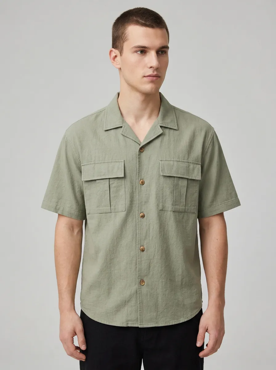 Men's Casual Sage Green Pocketed Short Sleeve Button-Down Shirt