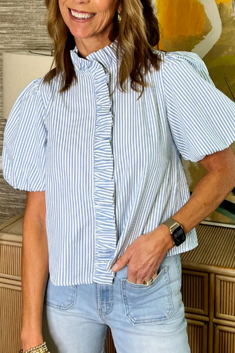 Beau Blue Striped Ruffle Short Sleeve Shirt