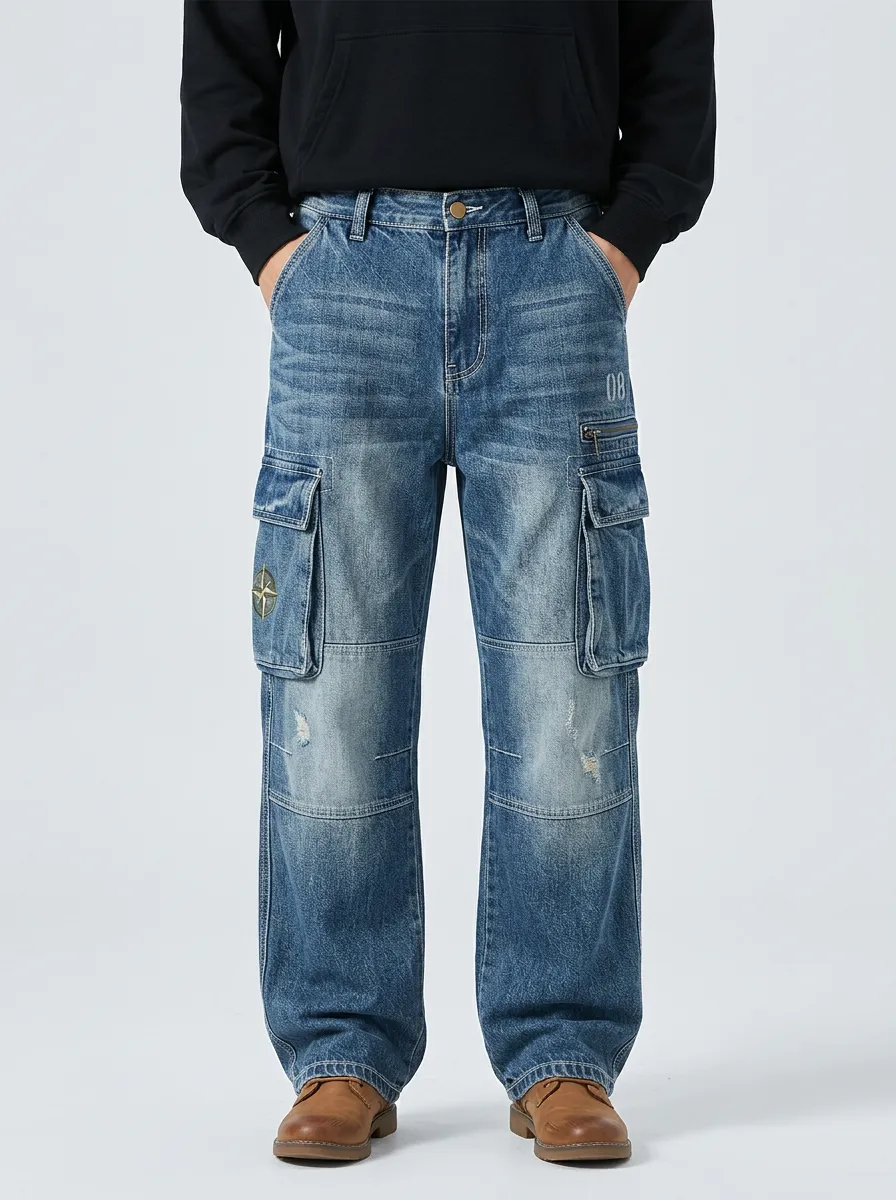 Men's Vintage Compass Patch Distressed Denim Cargo Jeans
