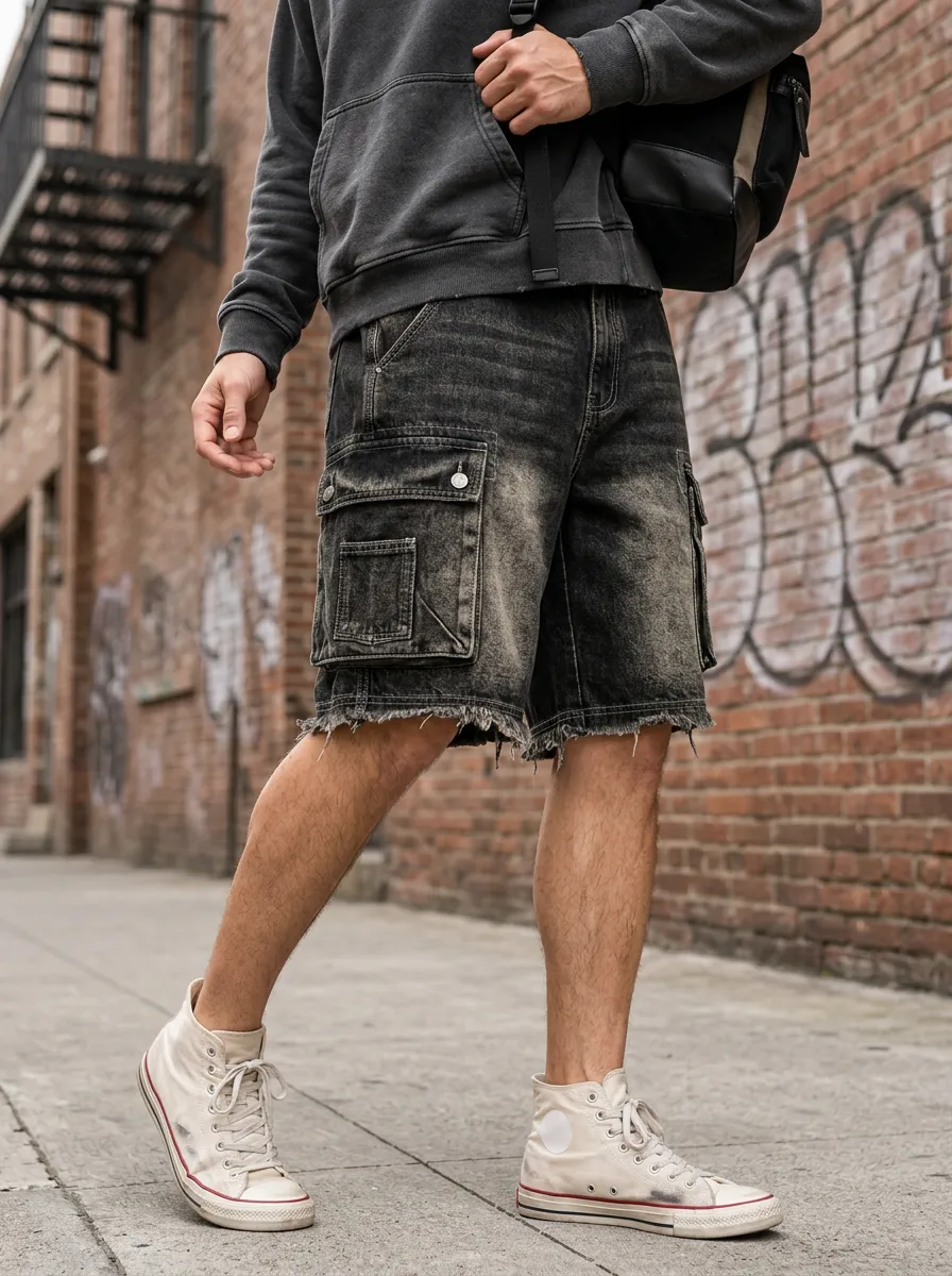 Men's Vintage Washed Distressed Cargo Denim Shorts