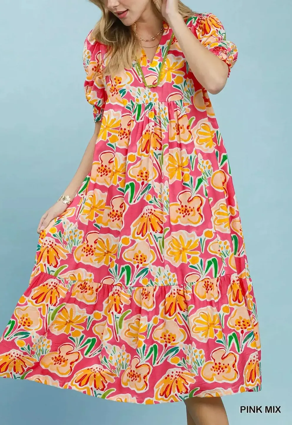 Everyday Floral Print Puff Sleeve Tiered Pocketed Midi Dress